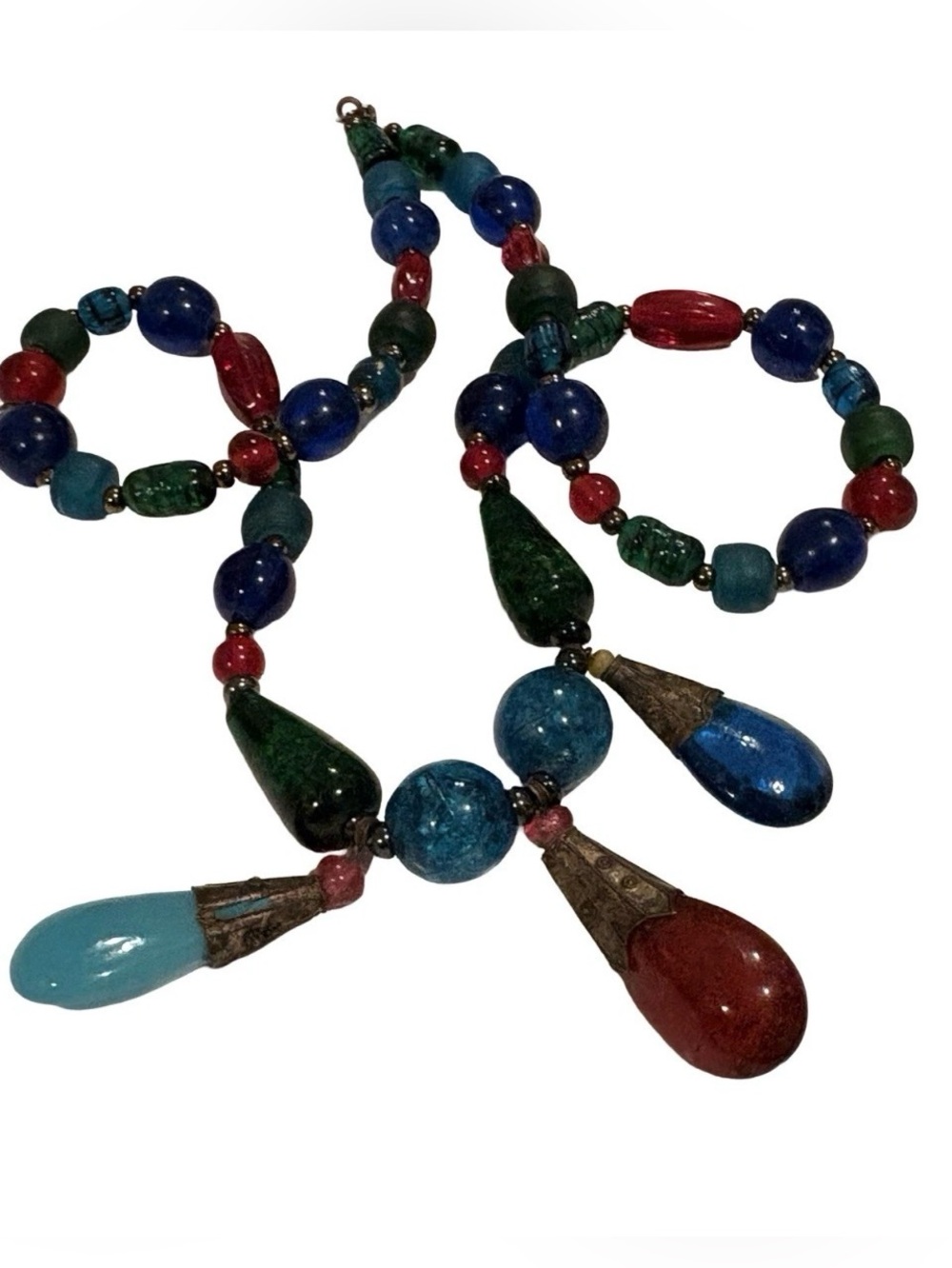 Vintage Czech Glass Bead Heavy Necklace Boho Tribal Colorful Drop Pendant